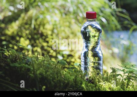 Transparenter Kunststoff Eine Flasche sauberes Wasser mit rotem Deckel steht im Gras und Moos auf dem Hintergrund eines schroffen Bergflusses. Das Konzept von p Stockfoto