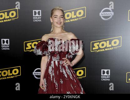 Emilia Clarke auf der Premiere von Disney Pictures und Lucasfilms „Solo: A Star Wars Story“ am 10. Mai im El Capitan Theatre in Hollywood, USA, Stockfoto