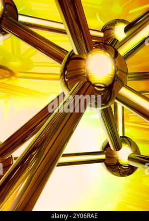 Farbenfrohe konzeptionelle 3D-Illustration Eisenmolekül über abstraktem goldenen Hintergrund Stockfoto