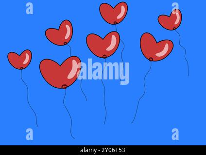Sieben fliegende Ballons in Form eines Herzens, blauer Himmel Hintergrund Stockfoto