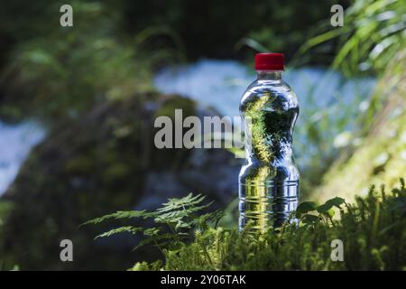 Transparenter Kunststoff Eine Flasche sauberes Wasser mit rotem Deckel steht im Gras und Moos auf dem Hintergrund eines schroffen Bergflusses. Das Konzept von p Stockfoto