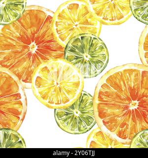 Eine nahtlose Hintergrundmuster mit lebendigen Hand gezeichnet Aquarell, Orangen, Zitronen und Limetten, Citrus wiederholen Stockfoto