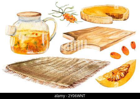 Aquarellillustration von Kürbiskuchen mit Kürbis und einer Teekanne Sanddorntee. Handgezeichneter Kuchen, Sanddorn, Teekanne mit Tee, Küchenbrett A Stockfoto