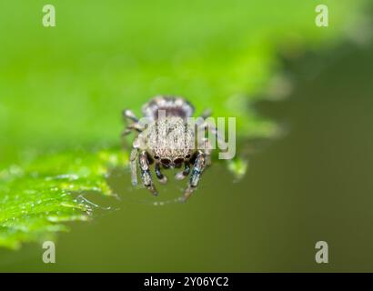 Eichenspringspinne (Ballus chalybeius), die Springen in Betracht zieht. Salticidae. Sussex, Großbritannien Stockfoto