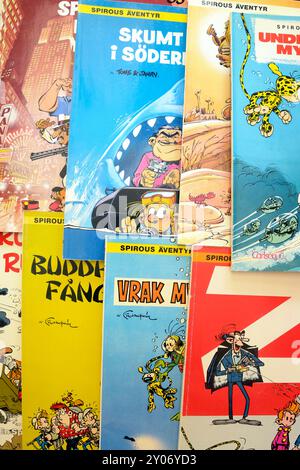 Stockholm, Schweden, 28. August 2024. Ein Stapel Spirou-Comics Stockfoto