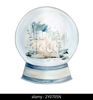 Isolierte Aquarellillustration von Shell in a Glass Ball, Rückenlage am Meer. Die Abbildung ist handgezeichnet auf weißem Hintergrund in Pastellfarben. Geeignet für Kartendesigns, Textilien und Scrapbooking Stockfoto