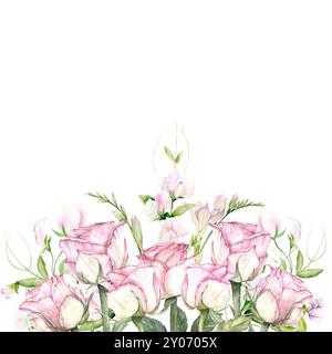 Isolierte Aquarellkomposition von Rosen und duftenden Erbsen. Die Zeichnung ist handgezeichnet auf weißem Hintergrund in Pastellfarben. Geeignet für Kartendesigns, Textilien und Scrapbooking Stockfoto