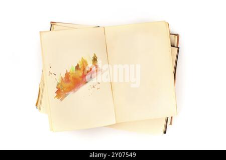 Designvorlage für den Herbst. Ein offenes botanisches Tagebuch mit einer Aquarellskizze von Herbstbäumen. Ein Sketchbook-Modell eines Künstlers, von oben auf einem Witz geschossen Stockfoto