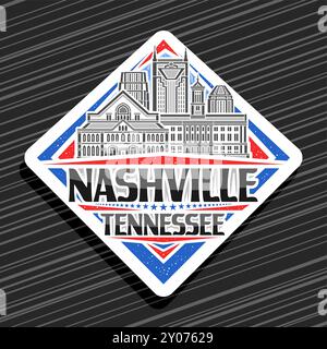 Vektor-Logo für Nashville, weißes Rautenschild mit Linienillustration der berühmten nashville Stadtlandschaft auf Tageshimmel Hintergrund, dekoratives städtisches Refrige Stock Vektor