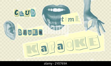 Karaoke Musik Collage Elemente mit Halbtonaufklebern Hände Lippen und Inschriften Ausgeschnitten aus Zeitungen, Zeitschriften, zerrissenem Papier Gute Idee für Banner Stock Vektor