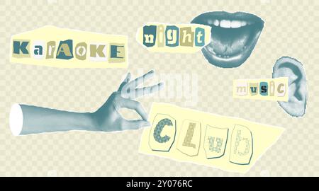 Karaoke Musik Collage Elemente mit Halbtonaufklebern Hände Lippen und Inschriften Ausgeschnitten aus Zeitungen, Zeitschriften, zerrissenem Papier Gute Idee für Banner Stock Vektor