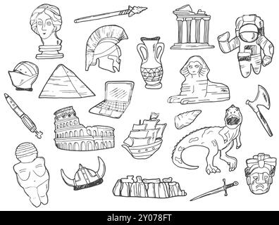 Doodle History Line Art Illustration. Handgezeichneter Vektor Clip Art. Banner-Set-Logos. Stock Vektor