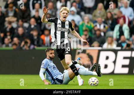 Newcastle United's Anthony Gordon kämpft um den Ballbesitz mit Rodrigo Bentancur von Tottenham Hotspur während des Premier League-Spiels im St. James' Park in Newcastle upon Tyne. Bilddatum: Sonntag, 1. September 2024. Stockfoto