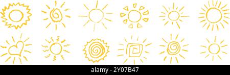 Lustig wie ein Kind, das gelbe Sonne zieht. Kollektion mit Pastellkreiden oder Wachsstift mit sonnigen Ikonen bemalt. Symbole des Sommerhimmels. Raue Kreidestruktur Stock Vektor