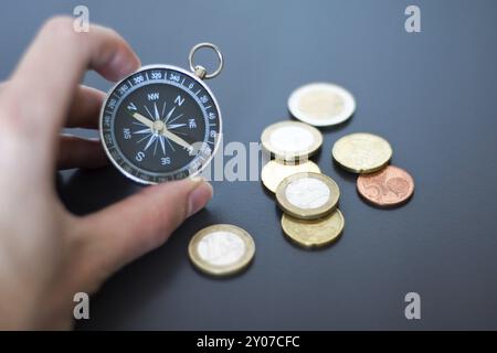 Nahaufnahme eines mans hand mit einem Kompass in der Hand. Konzept für Business, Innovation Stockfoto