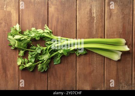 Ein Foto von frische organische Sellerie Blätter und Stiele, Schuß von oben auf einen dunklen Holzmöbeln im Landhausstil Hintergrund Stockfoto