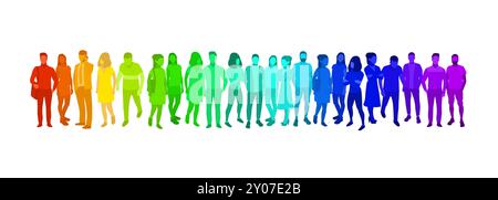 Gruppe von Personen, die in der Schlange bleiben. Teamkonzept. Regenbogenmenschen. Vektorabbildung Stock Vektor