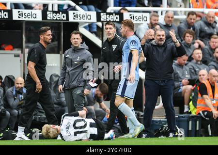 Newcastle, Großbritannien. September 2024. Jason Tindall Coach von Newcastle und Dejan Kulusevski von Tottenham Hotspur kommen am 1. September 2024 in Newcastle, Großbritannien, im Premier League-Spiel Newcastle United gegen Tottenham Hotspur in St. James's Park, Newcastle, Vereinigtes Königreich (Foto: Mark Cosgrove/News Images) in Newcastle, Vereinigtes Königreich am 1. September 2024. (Foto: Mark Cosgrove/News Images/SIPA USA) Credit: SIPA USA/Alamy Live News Stockfoto