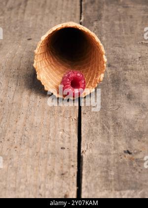Eine organische Himbeere in ein Eis Kegel auf einem rustikalen Holztisch, Diät oder gesunde Ernährung Konzept Stockfoto