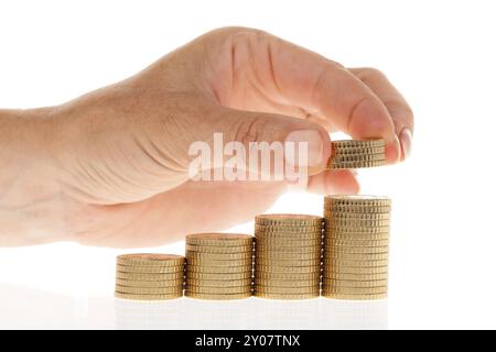 Eine Hand mit einem Stapel 50-Cent-Münzen, Wien, Österreich, Europa Stockfoto