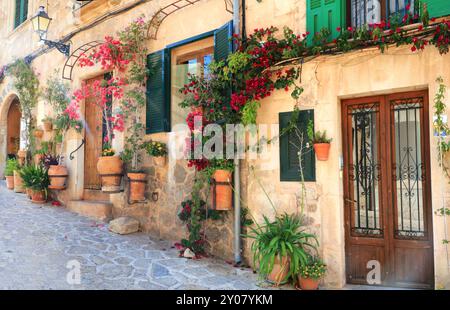 Mallorca (Mallorca) Insel - traditionelles Dorf Valldemossa mit charmantem Blumenschmuck. Beliebte Touristenattraktion. Spanien, Balearen Stockfoto