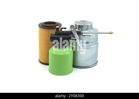 Vehicle engine oil filters and hand pump oiler isolated on a white background. Car servicing, automotive industry and filter replacing maintenance Stock Photo