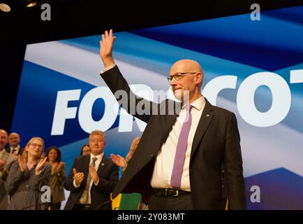 Edinburgh UK, 1. September 2024: Der Vorsitzende der SNP und erste Minister von Schottland John Swinney spricht auf der Jahreskonferenz der Partei an die Delegierten. Quelle: DB Media Services / Alamy Live Stockfoto