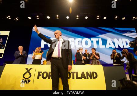 Edinburgh UK, 1. September 2024: Der Vorsitzende der SNP und erste Minister von Schottland John Swinney spricht auf der Jahreskonferenz der Partei an die Delegierten. Quelle: DB Media Services / Alamy Live Stockfoto