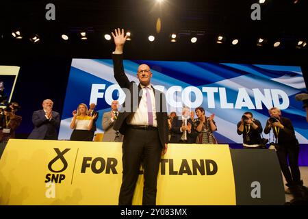 Edinburgh UK, 1. September 2024: Der Vorsitzende der SNP und erste Minister von Schottland John Swinney spricht auf der Jahreskonferenz der Partei an die Delegierten. Quelle: DB Media Services / Alamy Live Stockfoto