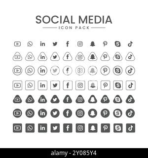 Social Media Icon Pack Schwarz-weiß – minimalistisches digitales Marketing-Set Stock Vektor