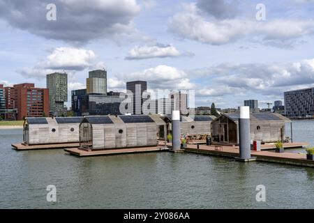 Schwimmende Hotelzimmer, Wikkelboat im Rijnhaven, der Rijnhaven, ein 28 Hektar großes Hafenbecken, wurde nun um fast ein Drittel gefüllt, um Platz zu schaffen Stockfoto