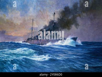 Der Zerstörer der Royal Navy (RN) HMS Southampton am Morgen der Schlacht von Jütland, 31. Mai 1916. Es wurde von Oscar Parkes (1885–1958) gemalt, einem Historiker der Royal Navy, Marinekünstler; er wurde 1919 demobilisiert, wurde offizieller Marinekünstler und trat dem Imperial war Museum als Direktor der fotografischen Abteilung bei, später wurde er von 1918 bis 1935 Herausgeber von Janes Kampfschiffen. Stockfoto