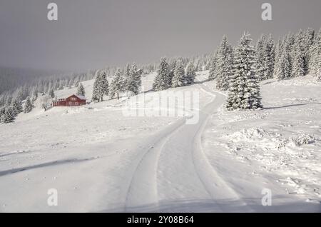 Riesengebirge im Winter, Riesengebirge im schneebedeckten Winter Stockfoto