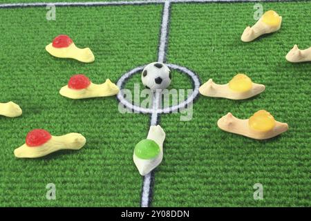 Schnecken spielen Fußball auf einem Fußballfeld Stockfoto