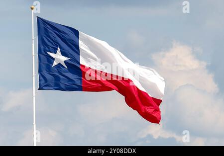 Austin, USA. 31. August 2024. Die texanische Flagge fliegt über dem Qualifikationsrennen am 31. August 2024 auf dem Circuit of the Americas in Lone Star Le Mans. Der Lone Star Le Mans kehrt zum ersten Mal seit 2020 nach Austin, TX, zurück. (Foto: Stephanie Tacy/SIPA USA) Credit: SIPA USA/Alamy Live News Stockfoto