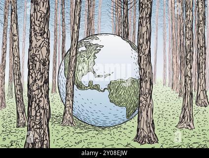 Zeichnung des Planeten Erde unter Bäumen in einem Wald, Vektorillustration Stock Vektor