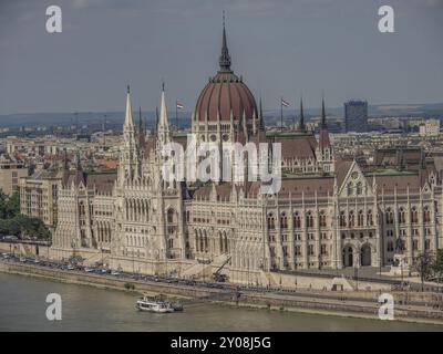 Blick auf das ungarische parlamentsgebäude von oben, direkt am Flussufer, budapest, donau, ungarn Stockfoto