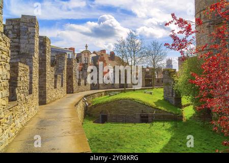 Gent, Belgien, Innenhof von Gravensteen oder Burg der Grafen, Frühlingsbäume Panorama, Europa Stockfoto