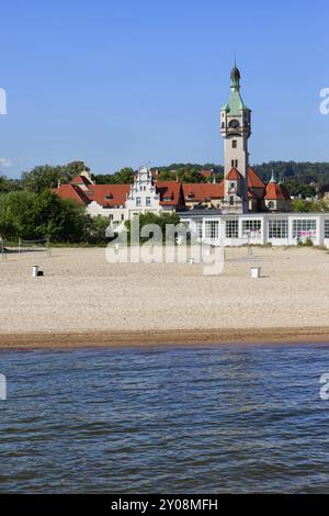 Resort Küstenstadt Sopot an der Ostsee in Polen, Strand und dem Alten Leuchtturm Stockfoto