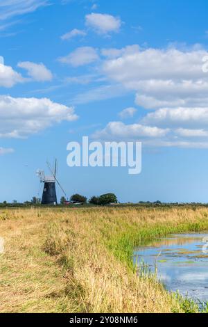 Halvergate Windmill im Norfolk Broads National Park in Großbritannien im Portrait von weitem mit Halvergate Marshes Stockfoto