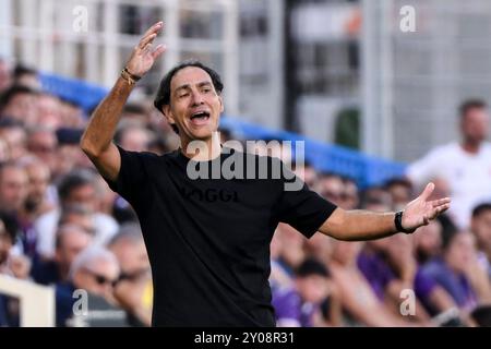 Florenz, Italien. September 2024. Alessandro Nesta, Cheftrainer des AC Monza, reagierte während des Fußballspiels der Serie A zwischen ACF Fiorentina und AC Monza im Artemio Franchi Stadion in Florenz (Italien) am 1. September 2024. Quelle: Insidefoto di andrea staccioli/Alamy Live News Stockfoto