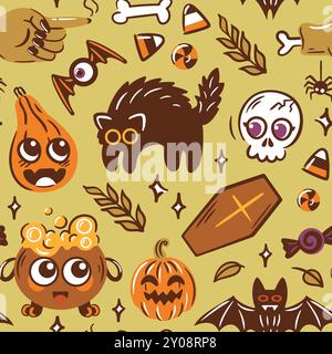 Entdecke lustige und skurrile Halloween-Illustrationen mit niedlichen Charakteren und gruseligen Elementen in Hülle und Fülle Stock Vektor