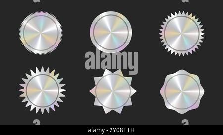 Holografische Aufkleber Logos Emblem Etiketten Farbset. Layoutvorlage. Zur Verpackung von Werbematerial. Aufkleber für Kleidung oder Accessoires. Vektorabbildung. Stock Vektor