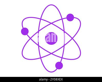 Violette Silhouette eines Atoms mit umlaufenden Elektronen, isoliert auf weißem Hintergrund. Wissenschaft, Physik, Atomstruktur, Minimalismus. Symbol, Stock Vektor