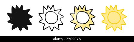 Eine Reihe lustiger Sonnensymbole mit farbigen Illustrationen, schwarzer Silhouette und schwarzen Umrissen. Isoliert auf weißem Hintergrund. Wetterkonzept Stock Vektor
