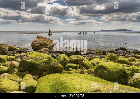 Wolken über dem Wrack der Minx, Osmington Bucht, mit der Isle of Portland im Hintergrund, in der Nähe von Weymouth, Jurassic Coast, Dorset, Großbritannien Stockfoto