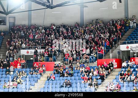 Jubel, Freude bei den mitgereisten Fans der Kölner Haie, GER, Iserlohn Roosters vs. Koelner Haie, Eishockey, TIMOCOM NRW-Cup, Finale, Spielzeit 2023/2024, 01.09.2024, Foto: Jonas Brockmann/Eibner-Pressefoto Stockfoto