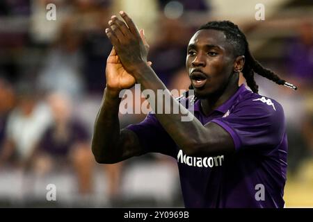 Florenz, Italien. September 2024. Moise Kean von ACF Fiorentina reagierte während des Fußballspiels der Serie A zwischen ACF Fiorentina und AC Monza im Artemio Franchi Stadion in Florenz (Italien) am 1. September 2024. Quelle: Insidefoto di andrea staccioli/Alamy Live News Stockfoto