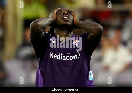 Florenz, Italien. September 2024. Moise Kean von ACF Fiorentina reagierte während des Fußballspiels der Serie A zwischen ACF Fiorentina und AC Monza im Artemio Franchi Stadion in Florenz (Italien) am 1. September 2024. Quelle: Insidefoto di andrea staccioli/Alamy Live News Stockfoto