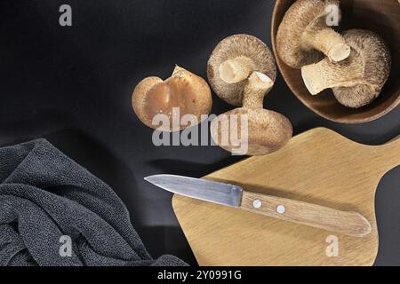 Schüssel mit frischen Shiitake-Pilzen, hölzernem Schneidebrett mit Messer darauf und dunklem Handtuch auf schwarzem Hintergrund Stockfoto